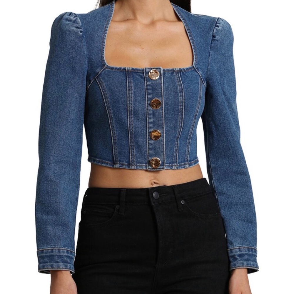 AVEC LES FILLES Puff Shoulder Denim Snap Up Jacket Top Size XS